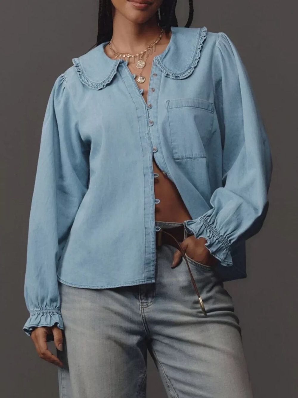 Ba&sh Ruffled Collared Denim Shirt